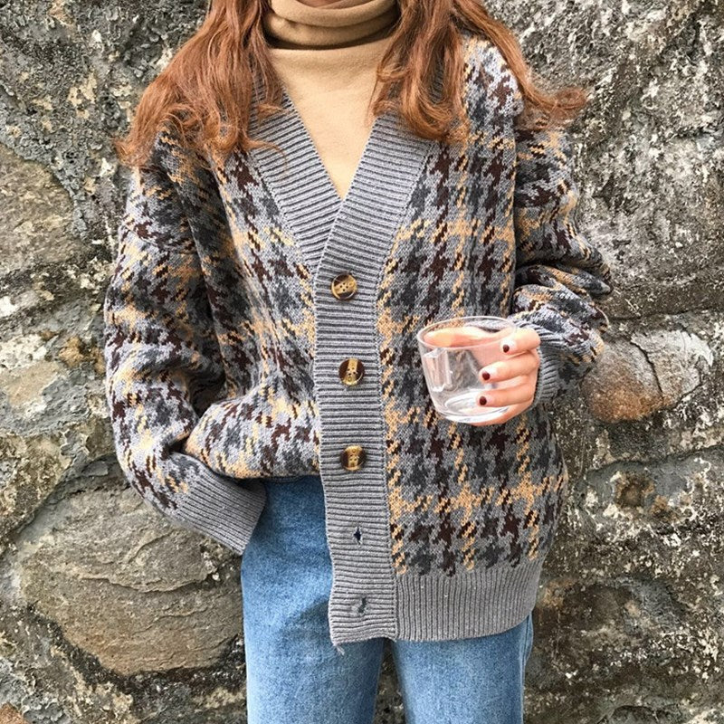 Veste en tricot à carreaux pour femmes avec boutons vintage Chic und Stil