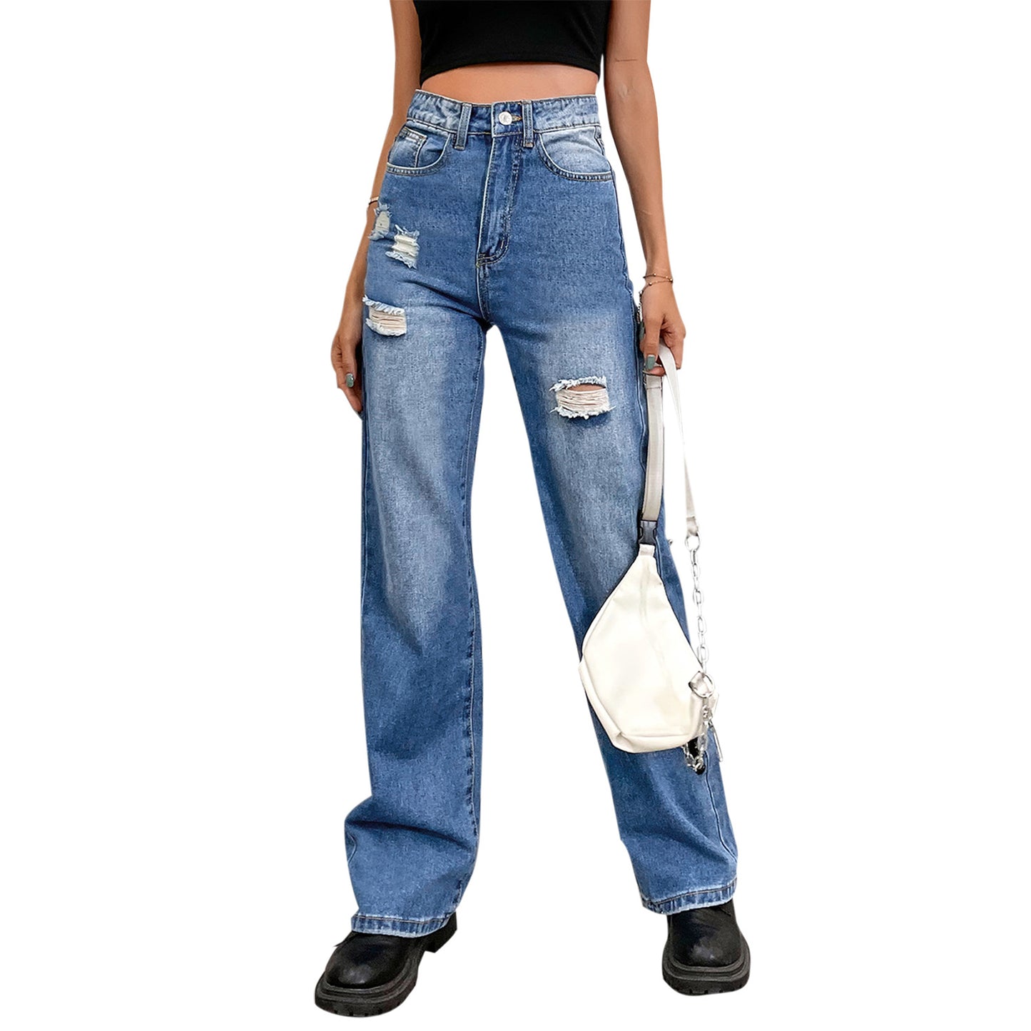 Jeans à jambes larges taille haute pour femmes dans un look destroy tendance Chic und Stil