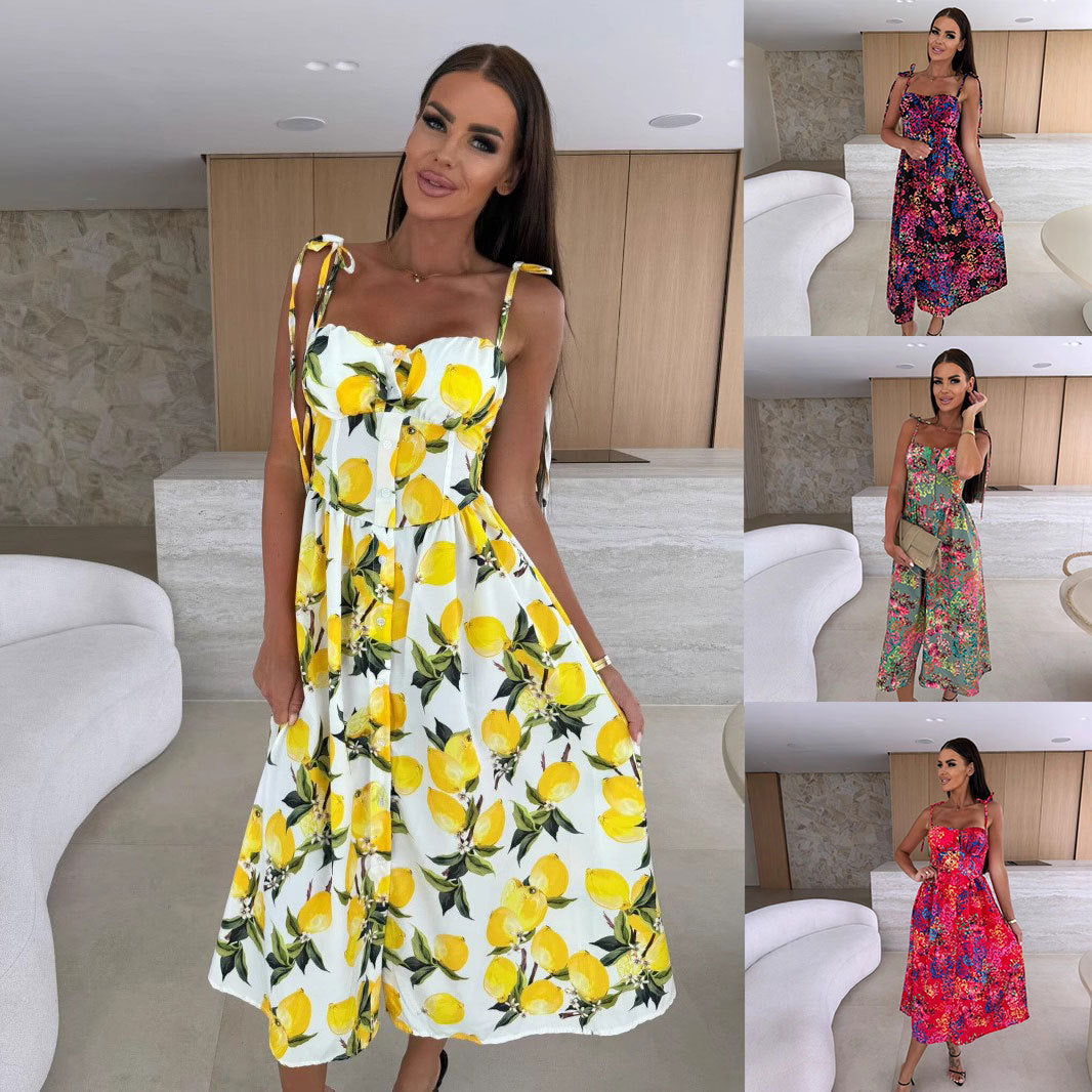 Robe midi à imprimé floral pour femmes avec bretelles à volants Chic und Stil