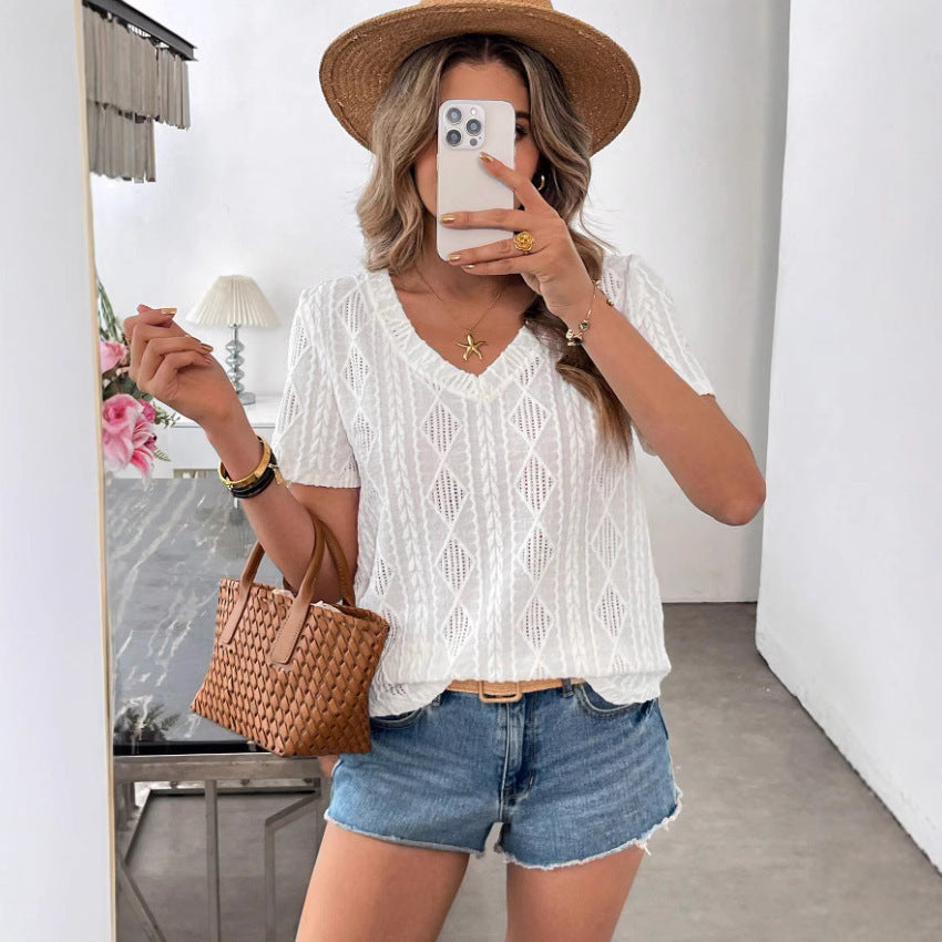 Blouse à manches courtes en tricot à motif losange pour femmes Chic und Stil