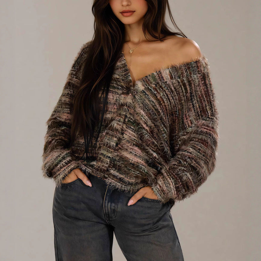 Dames Pull-over en peluche avec décolleté en V profond et coupe ample Chic und Stil