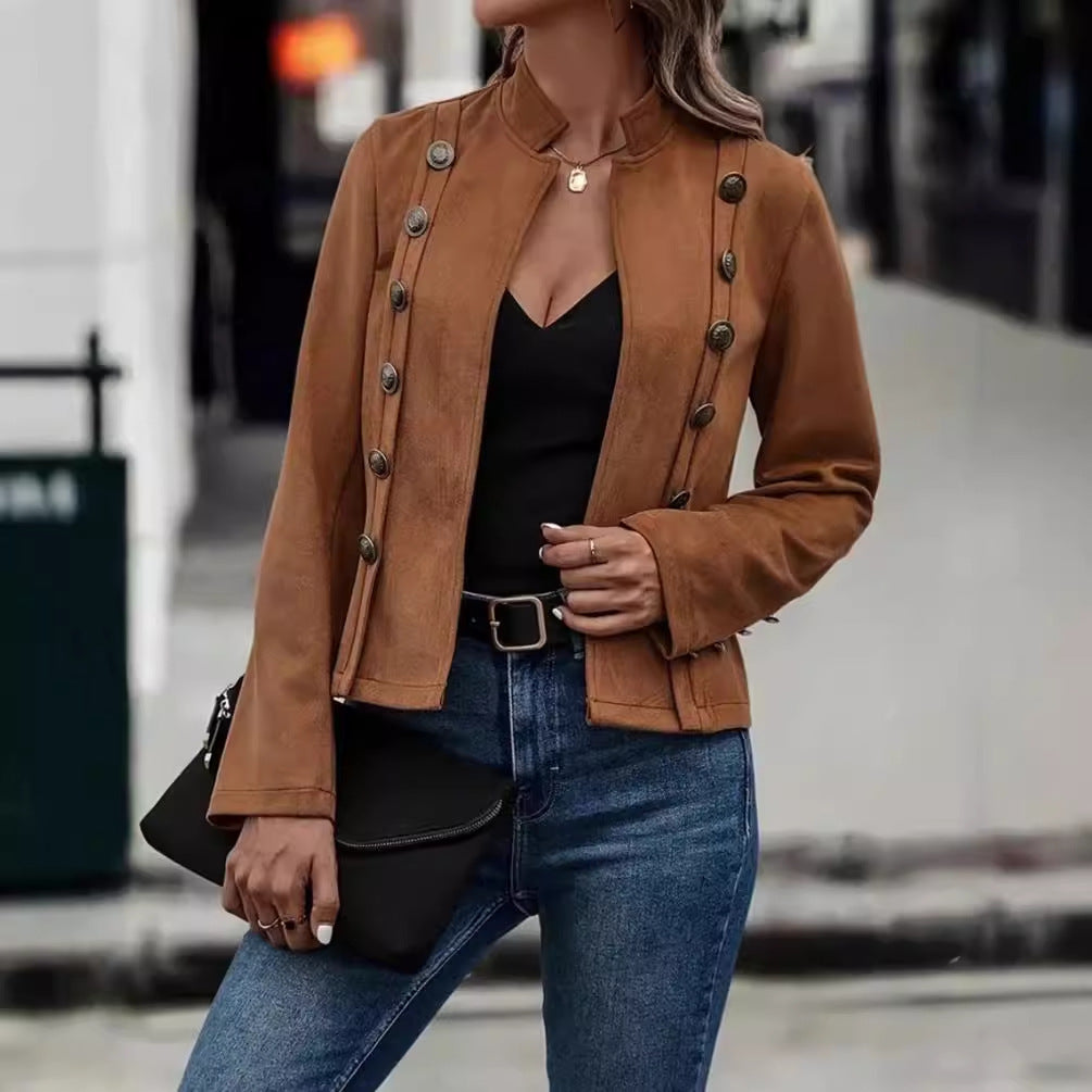 Blazer en daim féminin à boutons décoratifs Chic und Stil