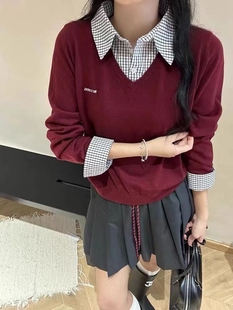 Pull V décontracté pour dames avec col chemise et design original Chic und Stil