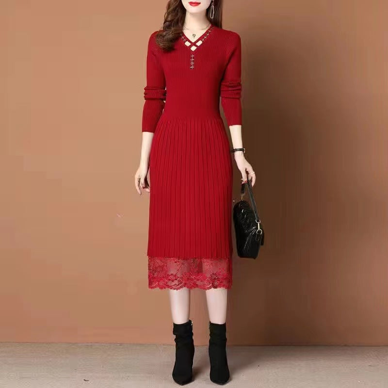 Robe en tricot pour femmes avec élégant bord en dentelle et décolleté en V Chic und Stil