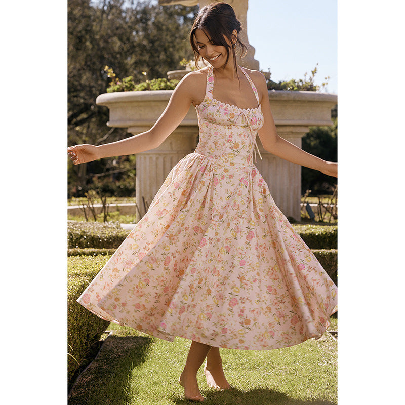 Robe midi à col halter floral vintage pour femmes Chic und Stil