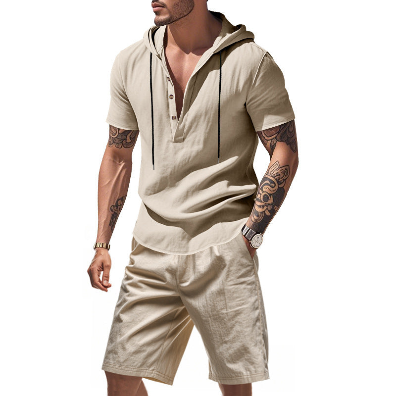 Homme Haut de loisirs à manches longues avec patte de boutonnage et shorts Chic und Stil