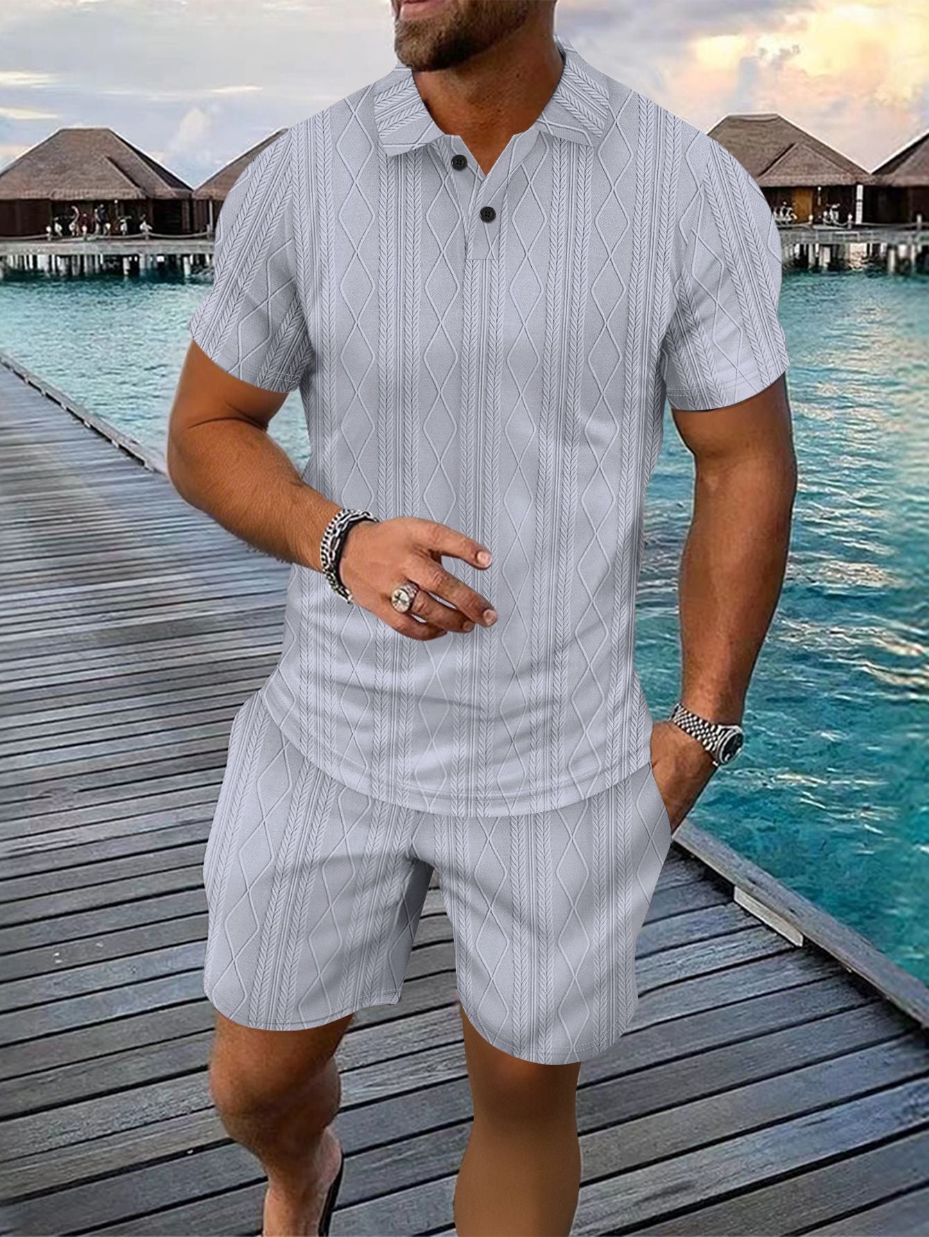 Hommes Ensemble Polo en Tricot Structuré et Shorts Chic und Stil