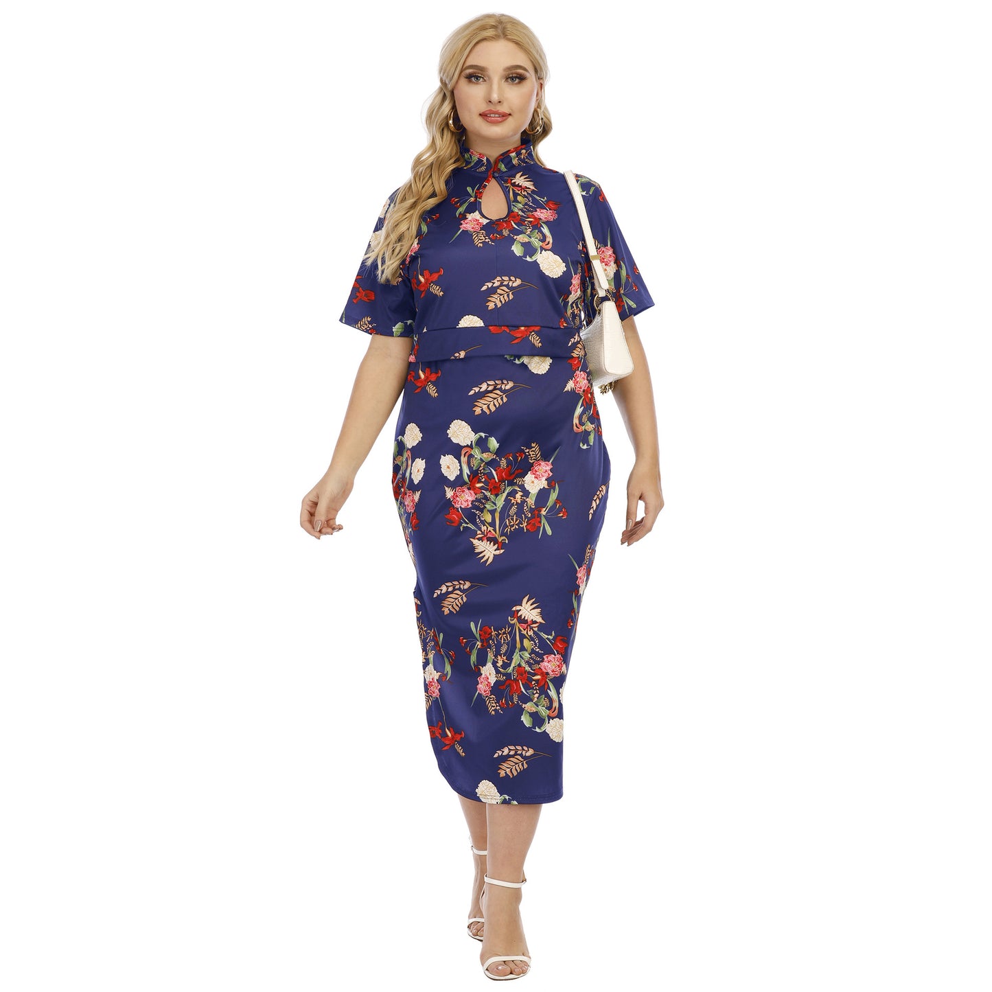 Robe midi pour dames avec imprimé floral et décolleté en clé élégant Chic und Stil