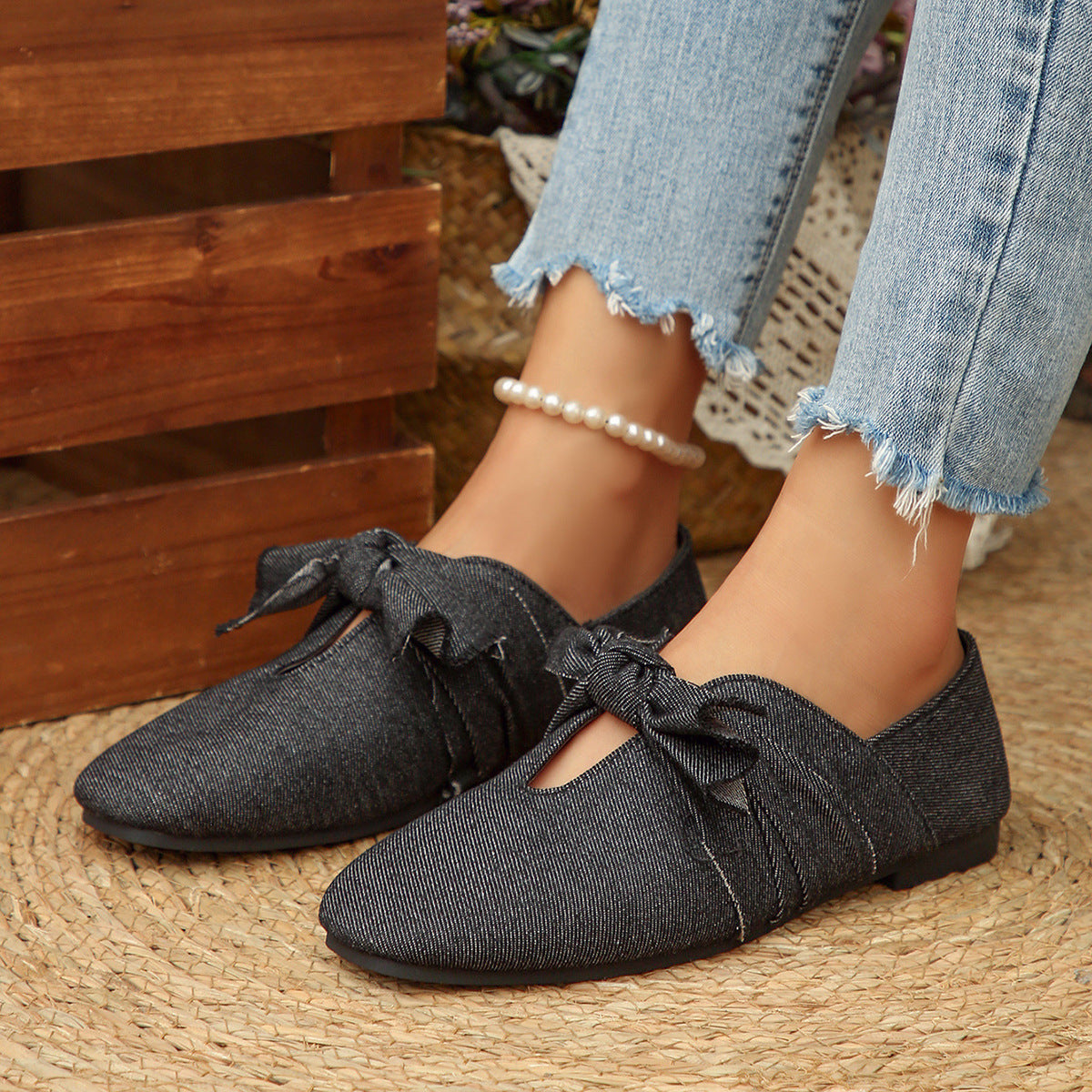 Dames Ballerines en Denim avec Détail de Nœud Chic und Stil