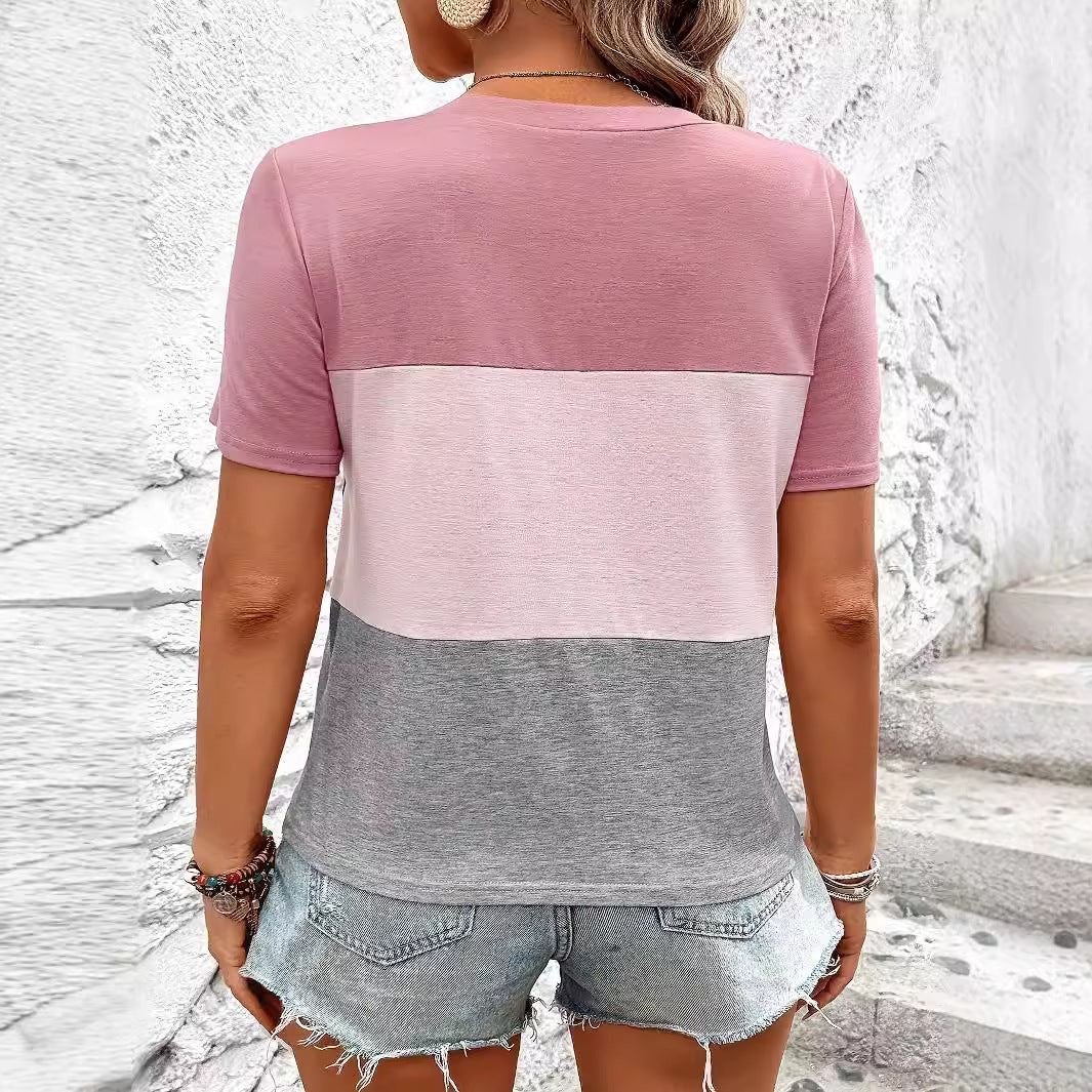 T-shirt femme à col V avec un design à blocs de couleurs à la mode et poche poitrine Chic und Stil
