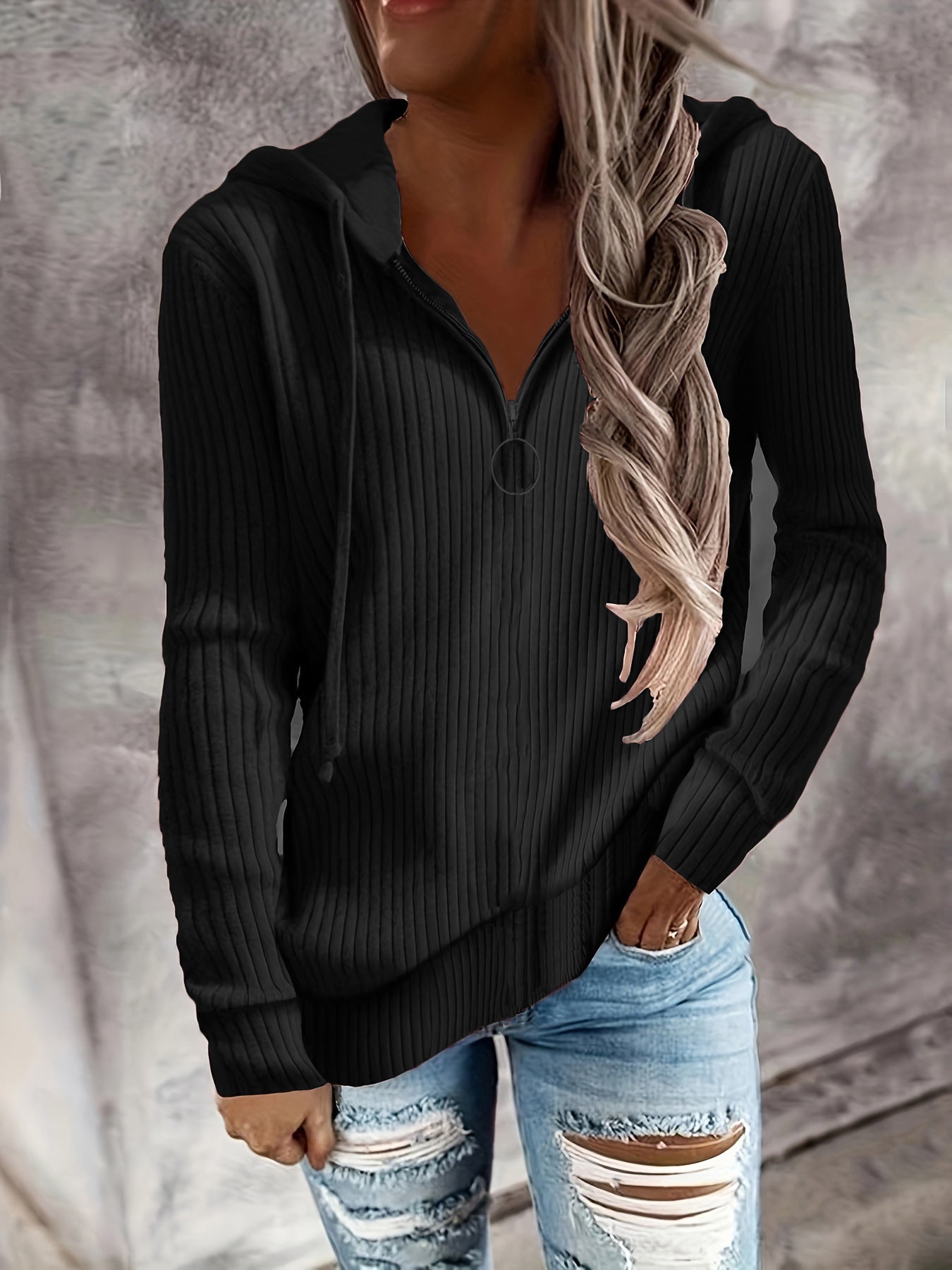 Dame Zip-Hoodie avec design en rib structuré et zip intégral Chic und Stil