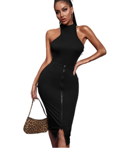 Robe midi ajustée pour femme avec fermeture éclair et col montant Chic und Stil