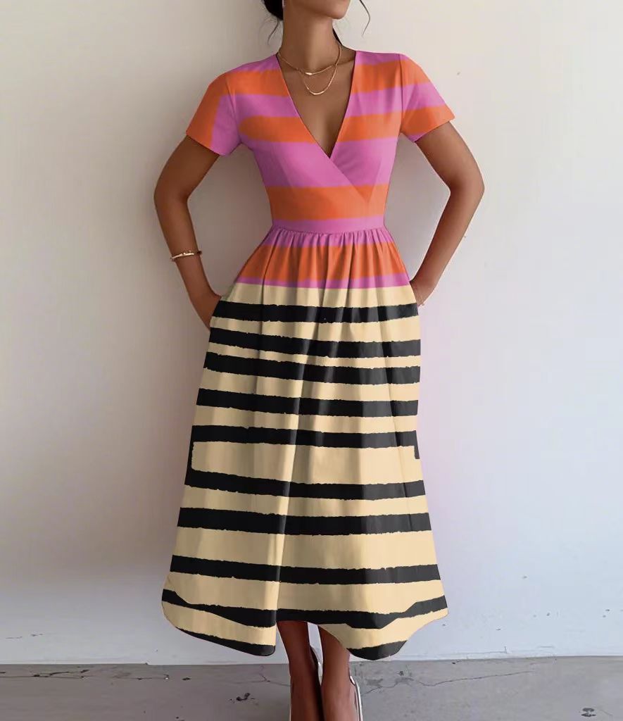 Robe maxi femme avec décolleté en V profond et motif rayé à la mode Chic und Stil
