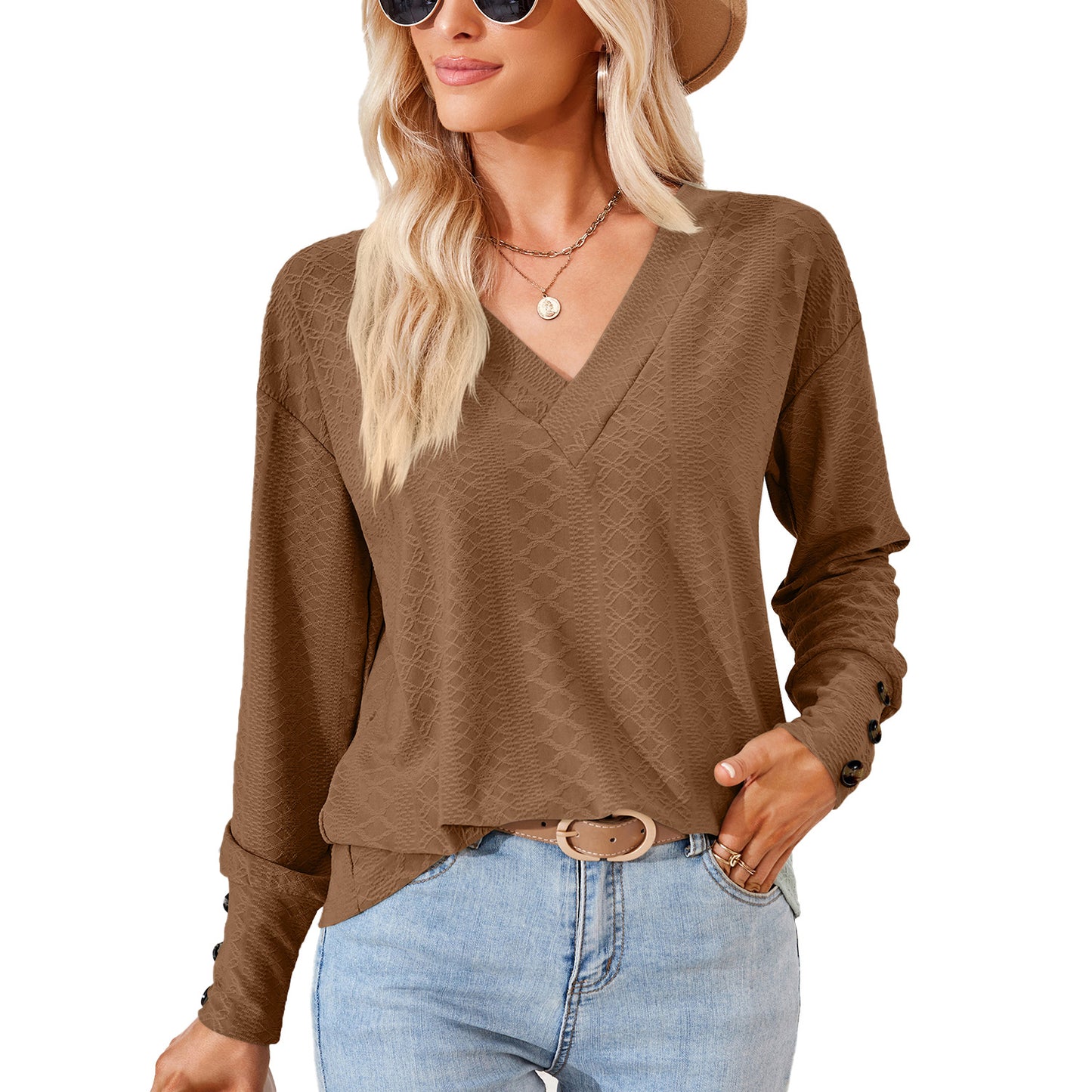 Blouse à manches longues pour femme avec un décolleté en V raffiné et un design structuré Chic und Stil