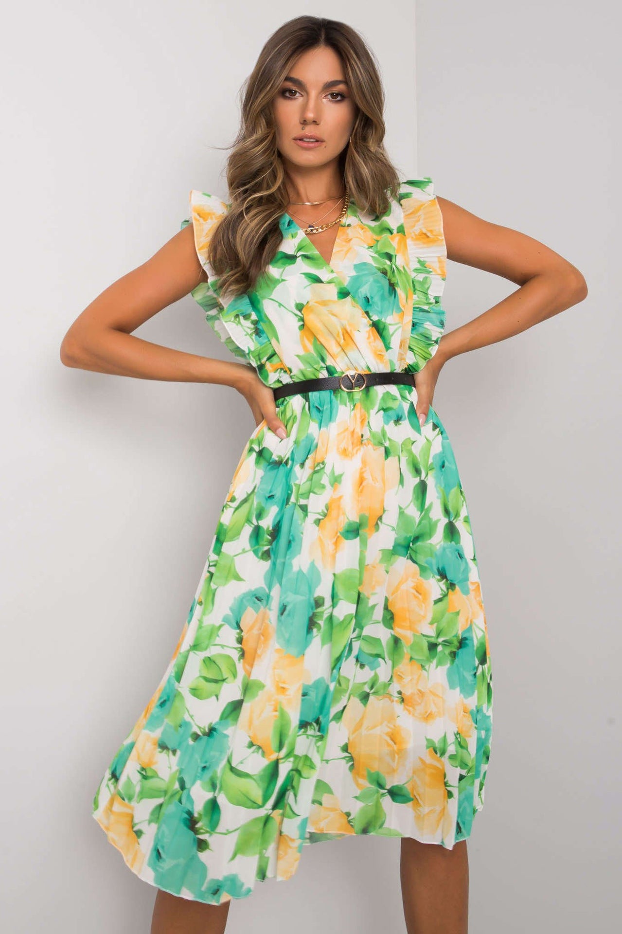 Robe midi à manches volantées à motif floral pour femmes Chic und Stil