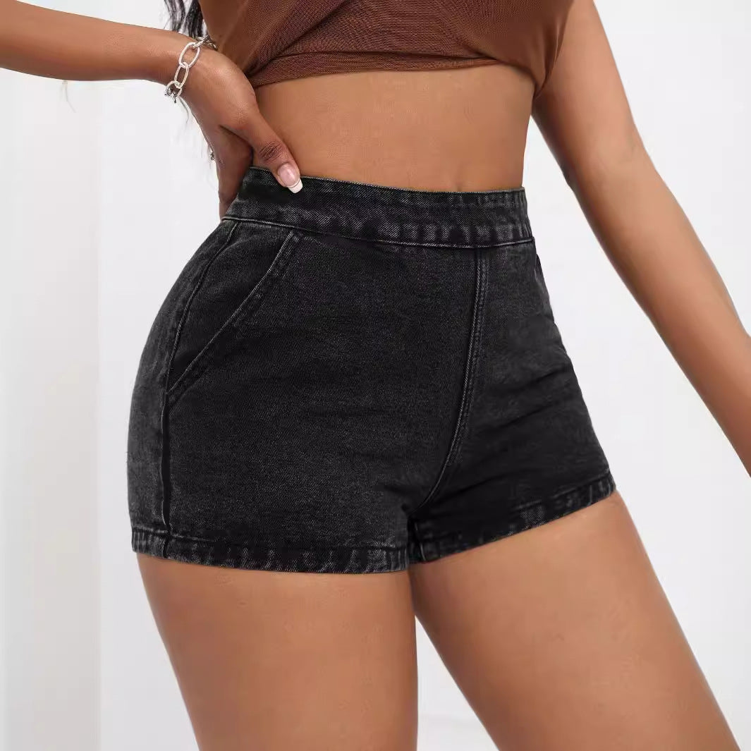 Shorts en denim taille haute pour femmes avec ceinture rembourrée et poches latérales Chic und Stil