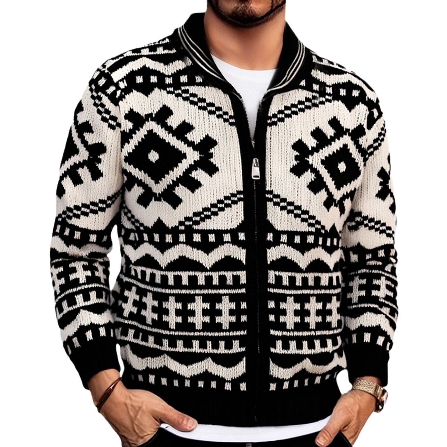 Men's knitted jacket with cable pattern and high collar Chic und Stil
