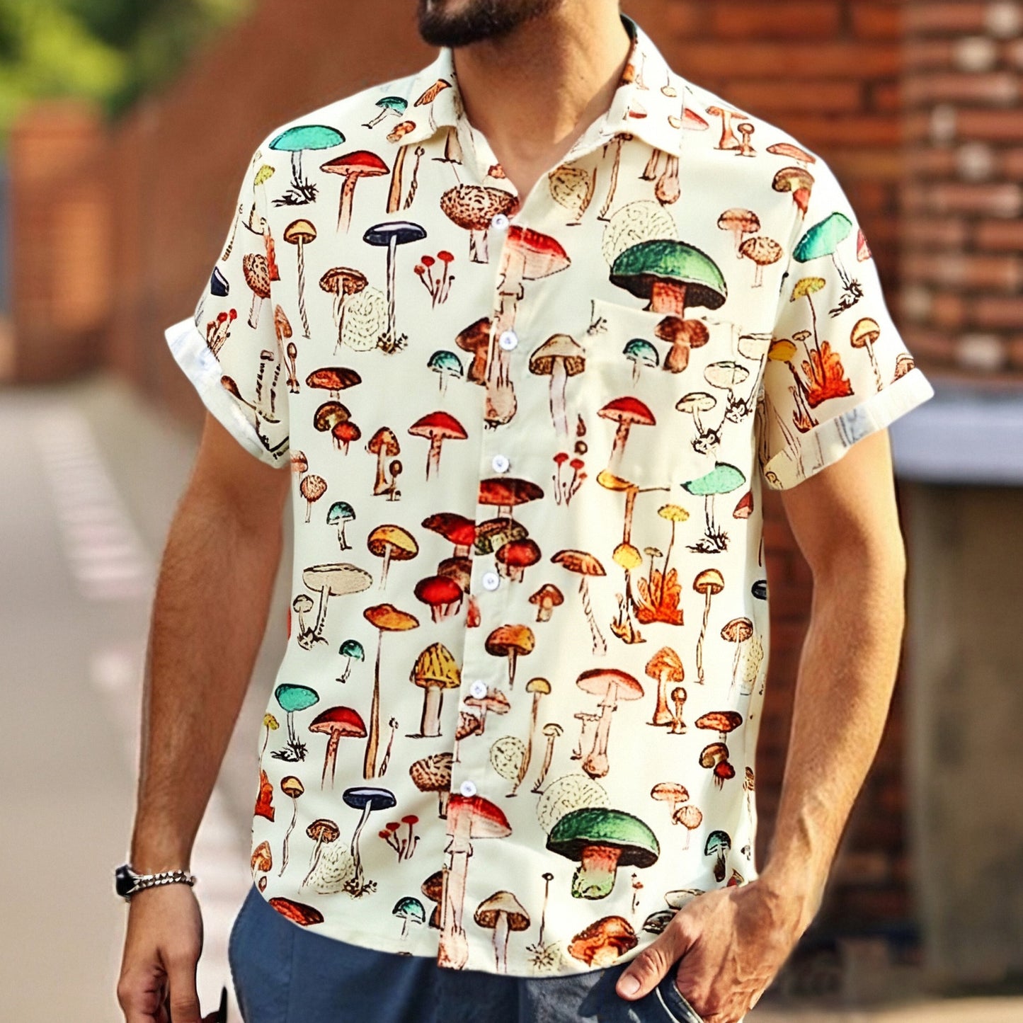 Chemise à manches courtes pour hommes avec un motif de champignon coloré et en coton respirant Chic und Stil