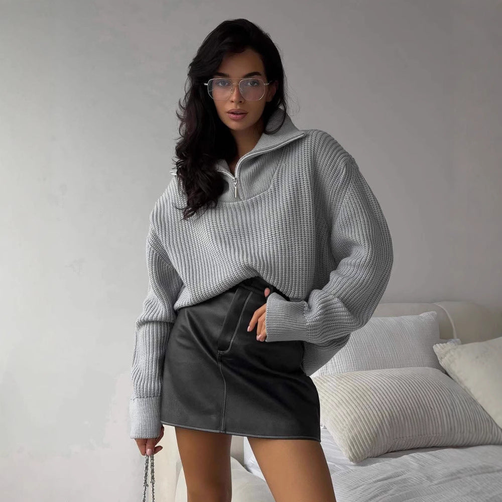 Pull en tricot surdimensionné pour femme avec col montant et fermeture éclair Chic und Stil
