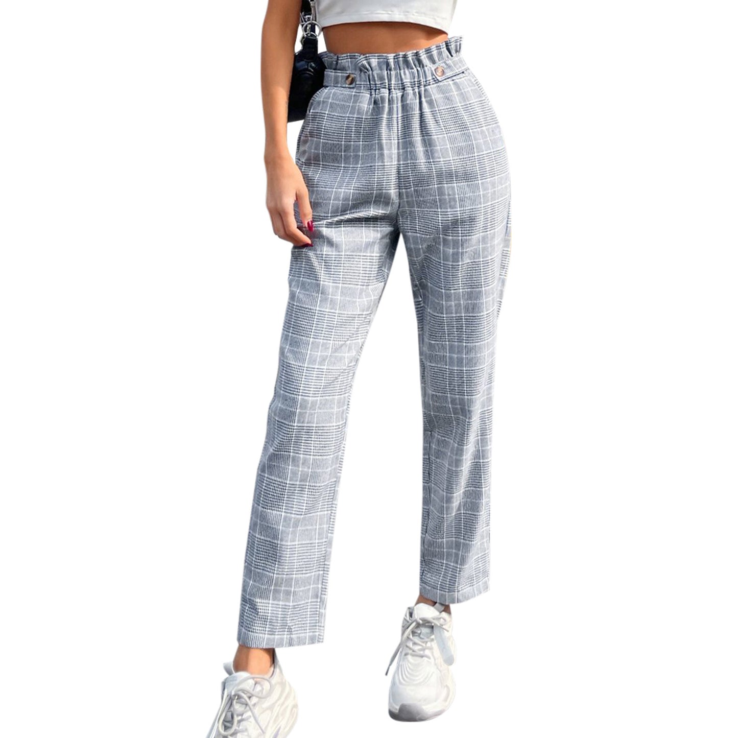 Pantalon taille haute à carreaux pour femmes avec taille élastique et détails de bouton classiques Chic und Stil