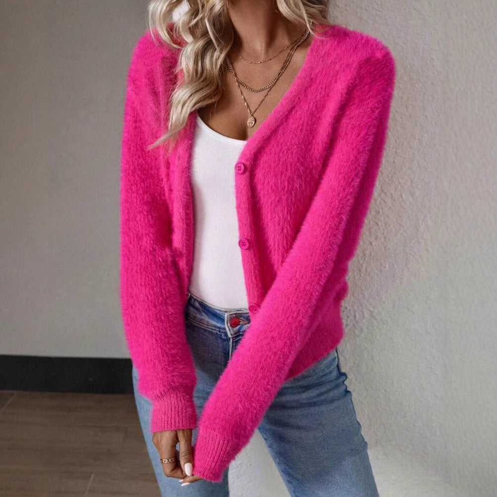 Dames Pull-over Doux à Col V avec Détail de Bouton Chic und Stil