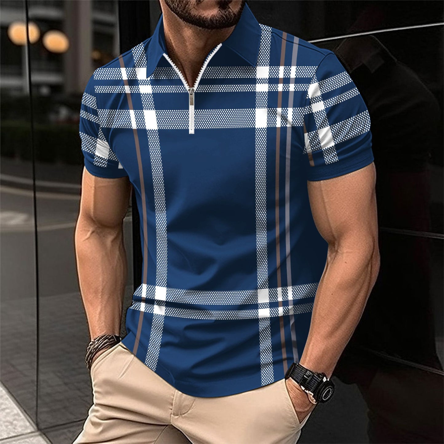 Hommes Polo à carreaux élégant avec ZIP devant Chic und Stil