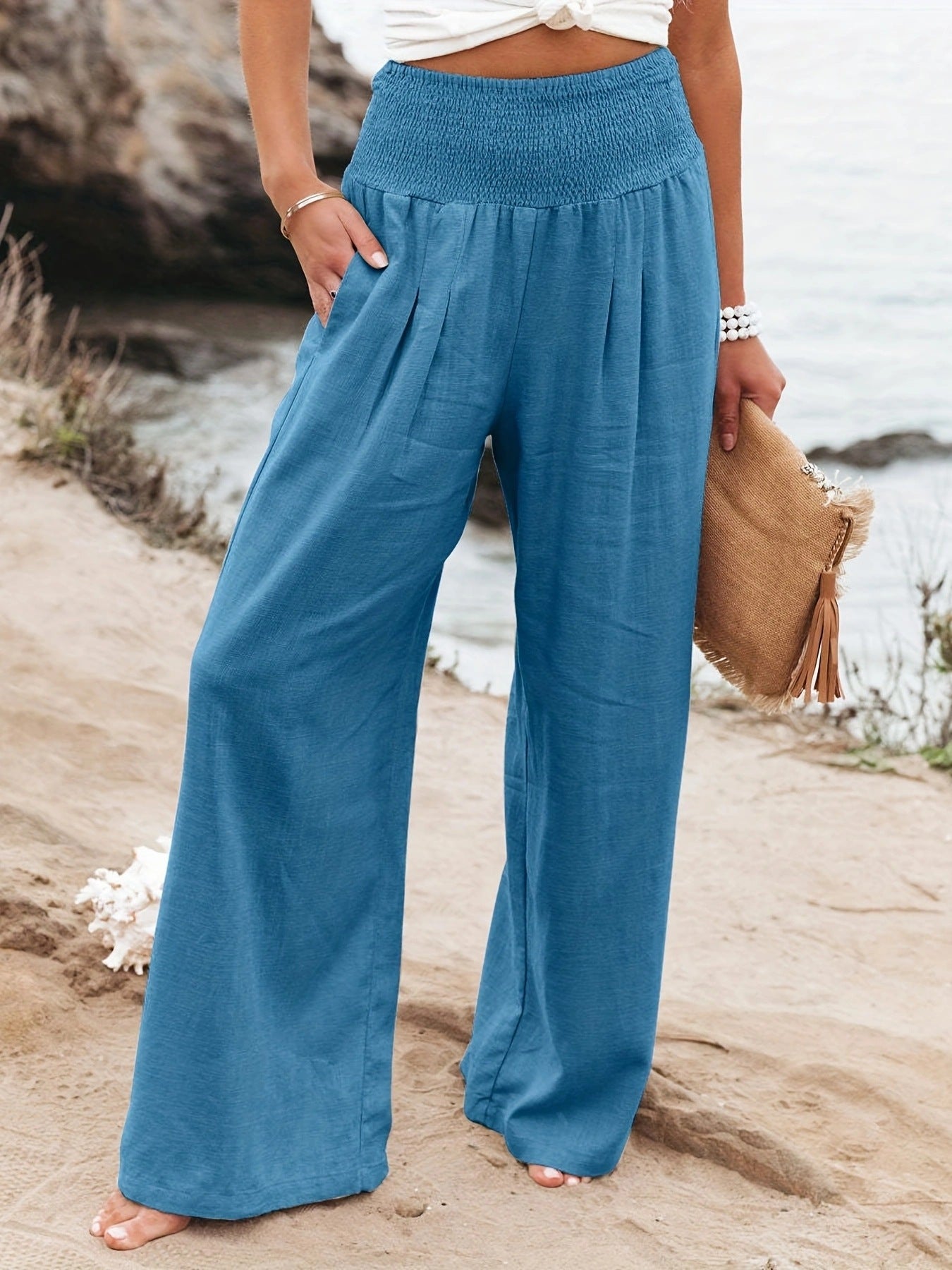 Pantalon d'été ample pour femmes avec taille élastique et élégant drapé Chic und Stil