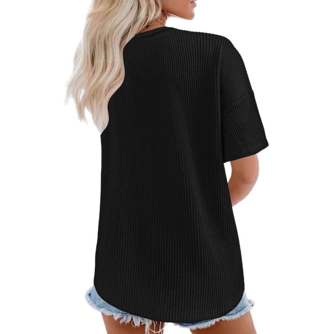 T-shirt oversized à col en V pour femmes avec poche poitrine et structure en rib Chic und Stil