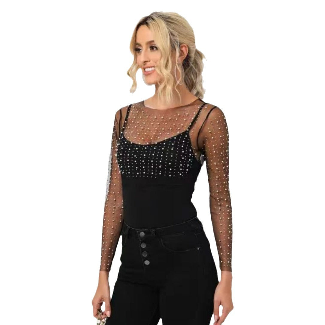 Dames Élégant haut avec manches transparentes et paillettes scintillantes Chic und Stil
