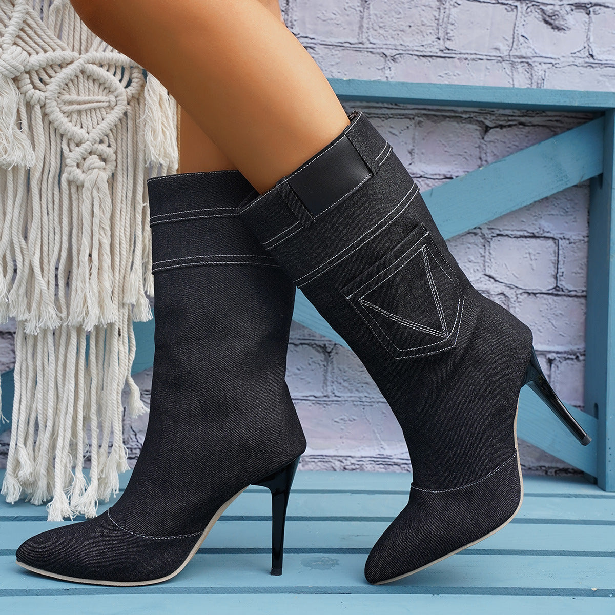 Bottes au-dessus du genou pour femmes en denim de haute qualité avec un talon élégant Chic und Stil