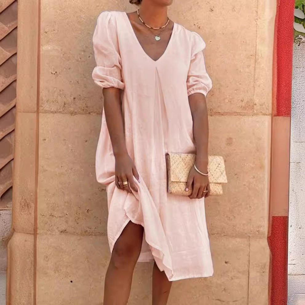 Robe midi à encolure en V à manches bouffantes pour femmes Chic und Stil