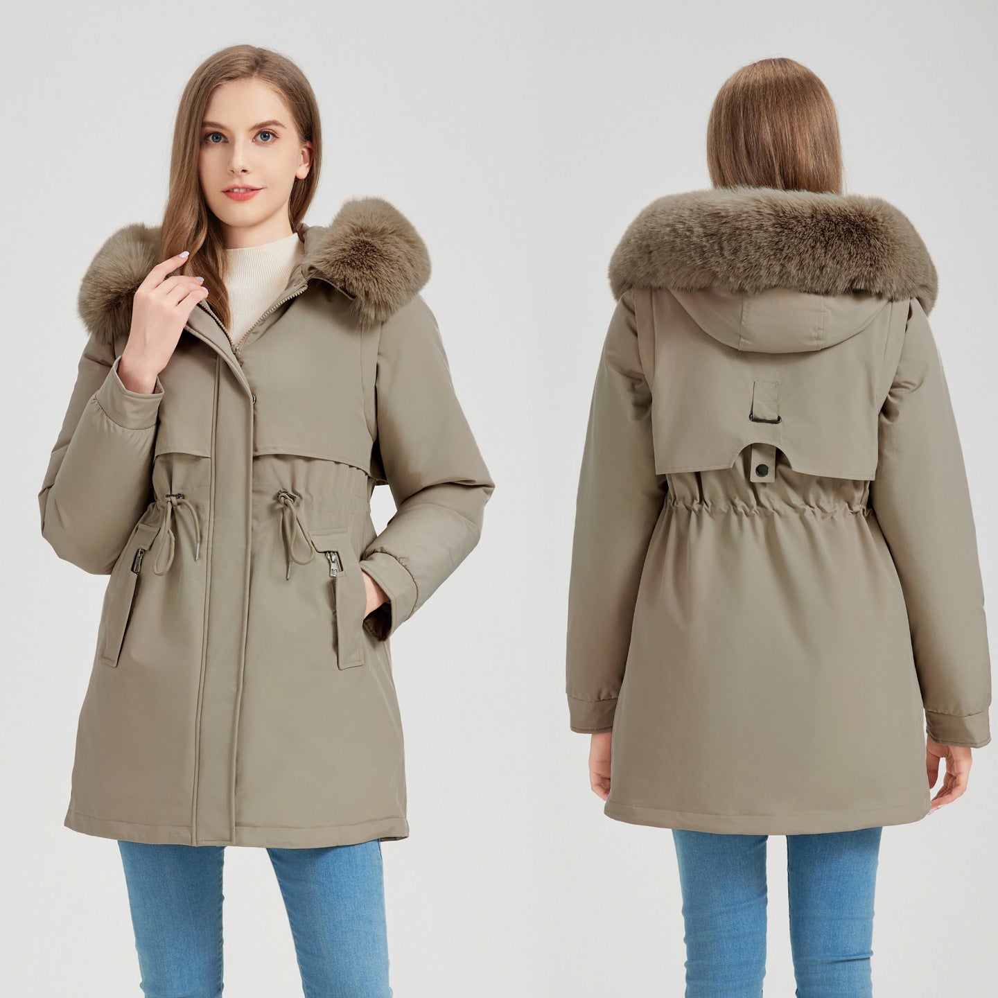 Functional jacket for women with removable faux fur collar and drawstring waist Chic und Stil