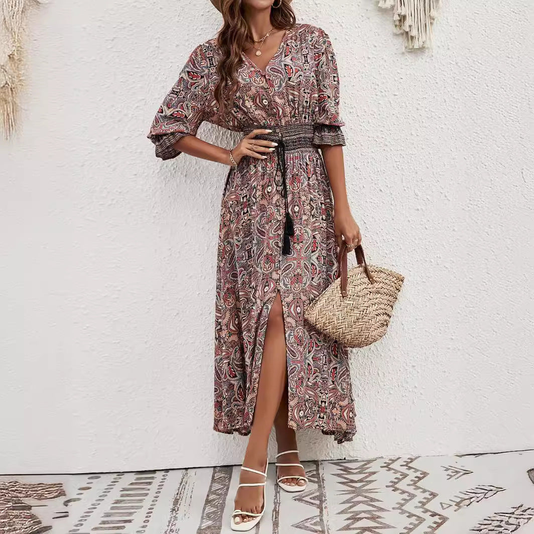 Robe maxi femme avec ceinture amovible à la taille et motif artistique Chic und Stil
