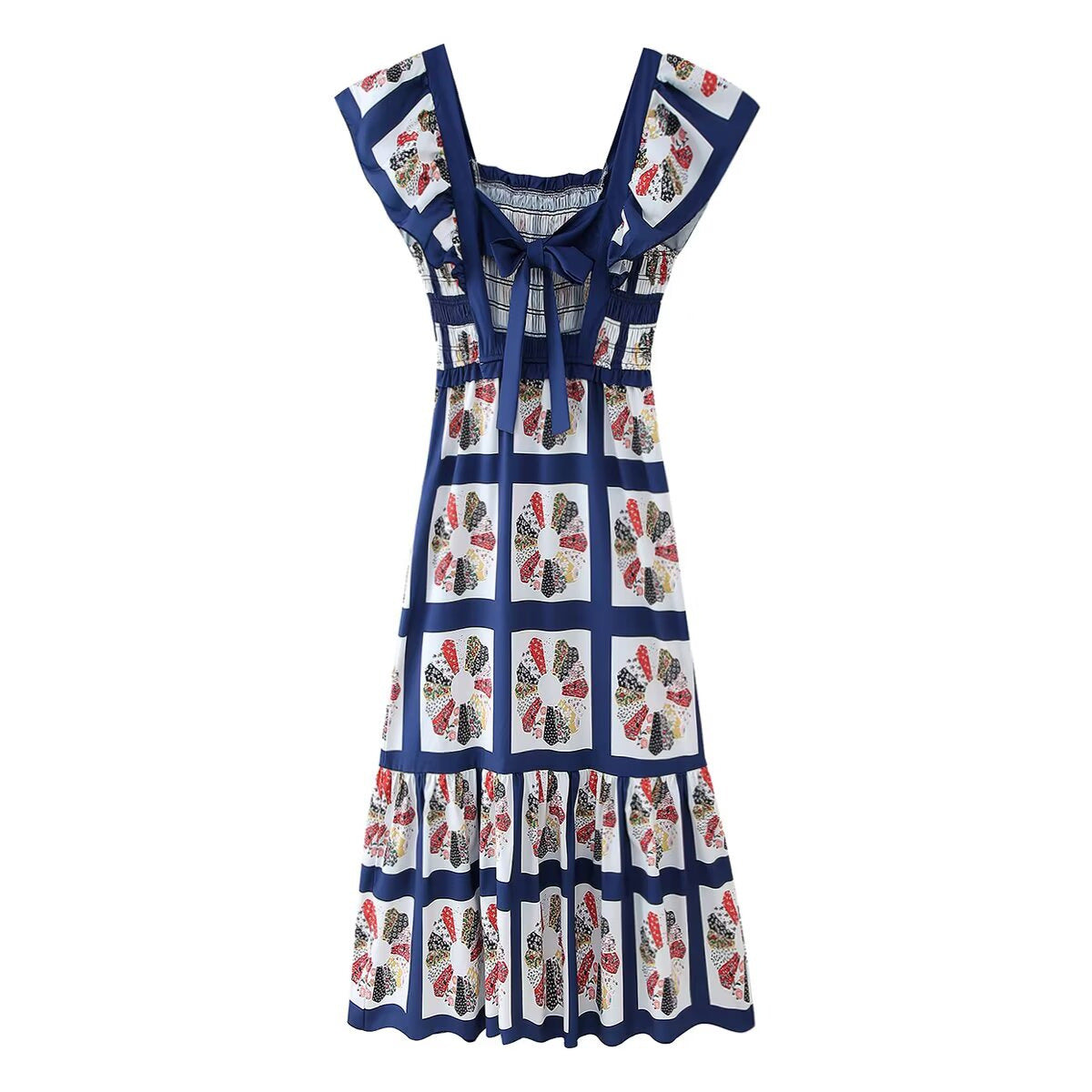 Robe maxi femme avec des détails de volants raffinés et un design imprimé coloré Chic und Stil