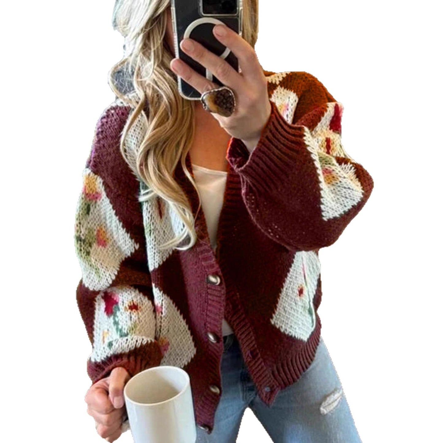 Veste en tricot pour femmes avec motif floral et design de boutons décoratifs Chic und Stil