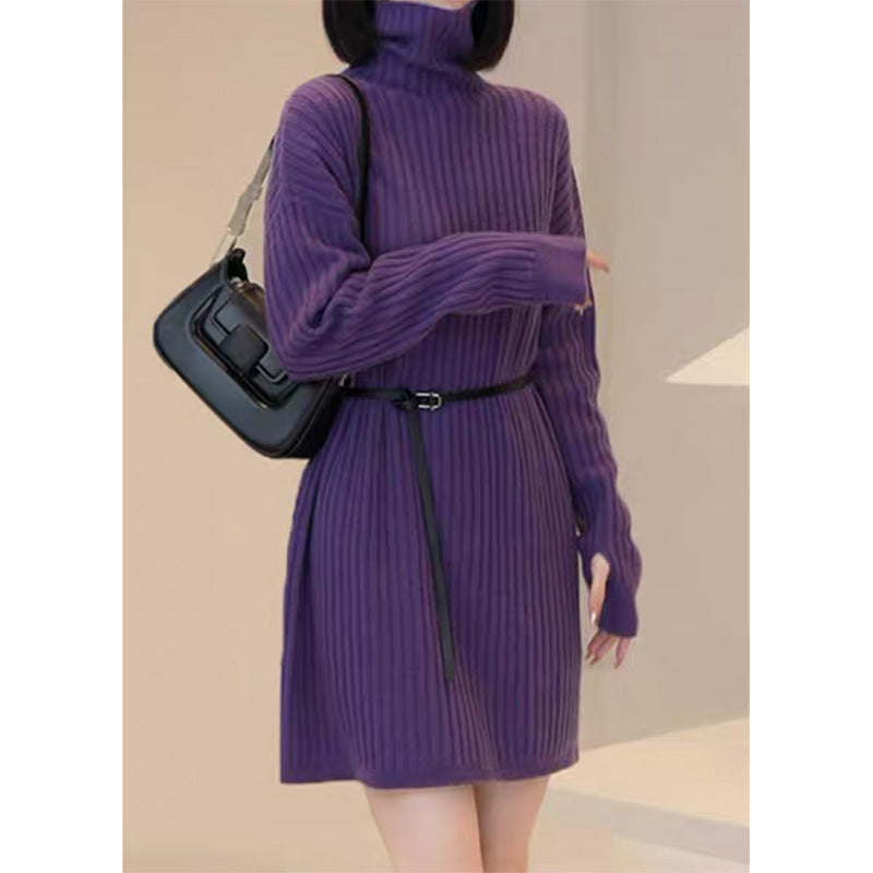 Robe tricot côtelé à col roulé pour femmes avec ceinture auto-stable Chic und Stil