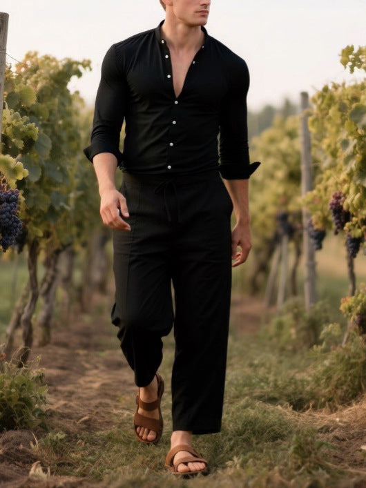 Hommes Chemise élégante à manches longues avec patte de boutonnage pratique et pantalon décontracté Chic und Stil