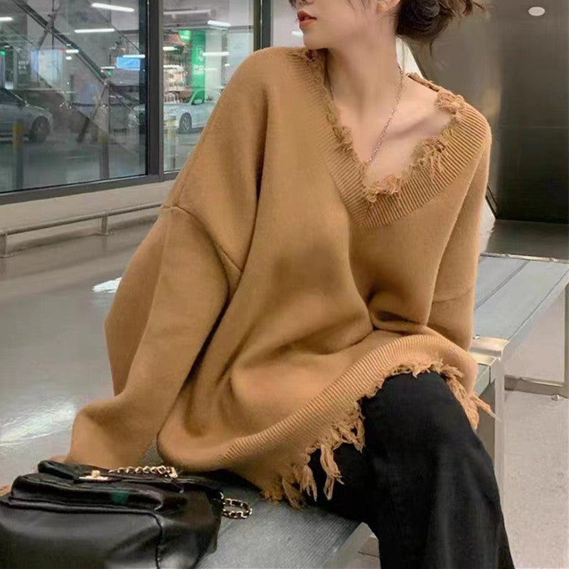 Pull en tricot décontracté pour femmes avec décolleté en V à franges Chic und Stil