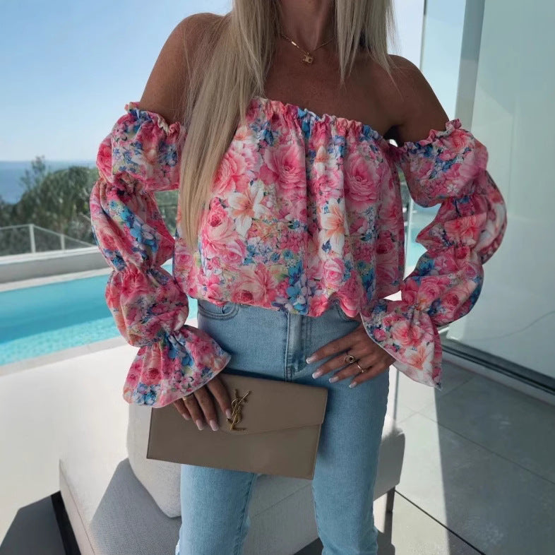 Blouse à fleurs off-shoulder pour femmes avec manches ballon Chic und Stil