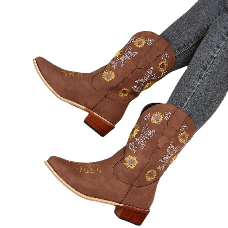 Bottes de cowboy pour femmes avec design floral brodé et robuste talon bloc Chic und Stil