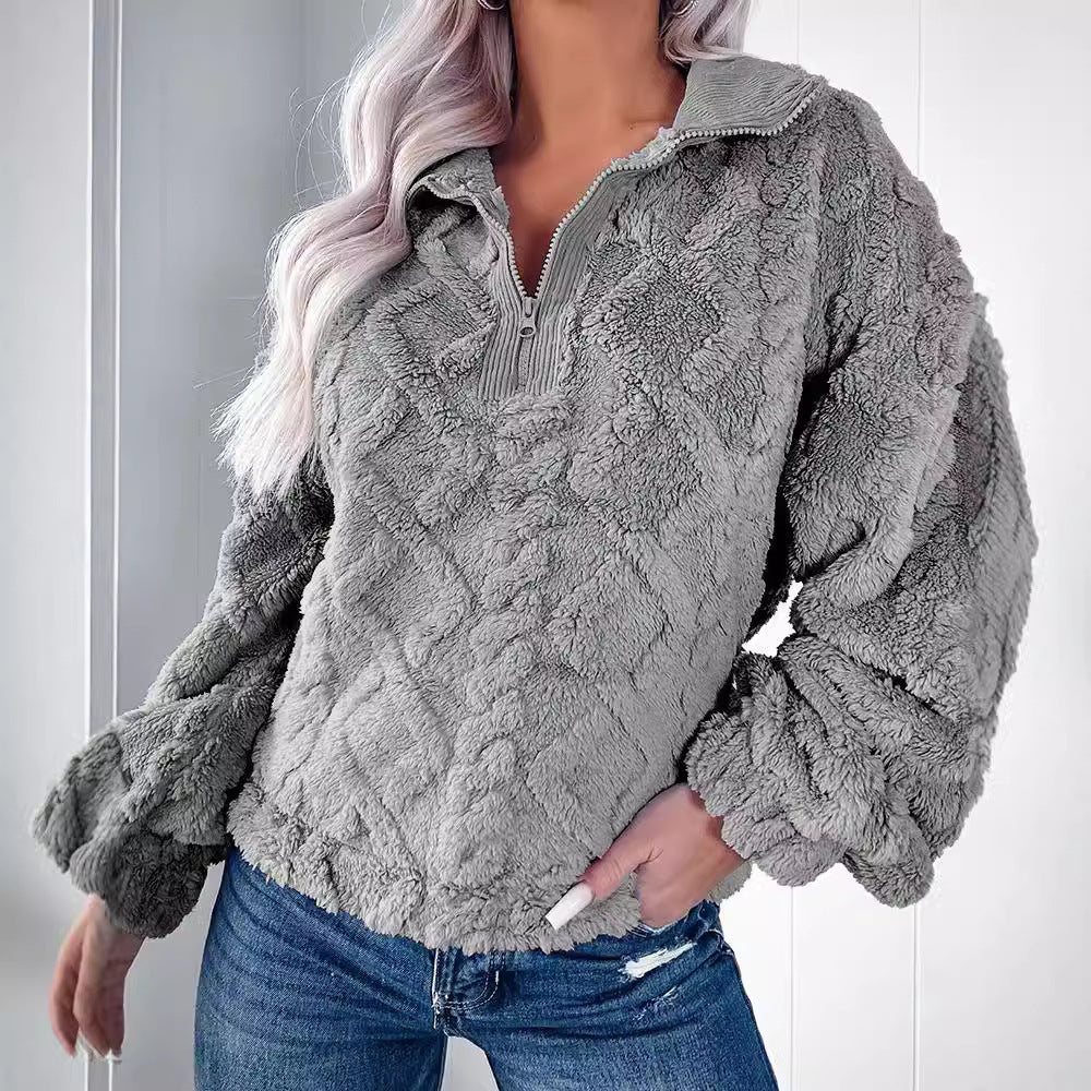 Pull en fleece douillet pour femmes avec demi-fermeture éclair et manches bouffantes Chic und Stil