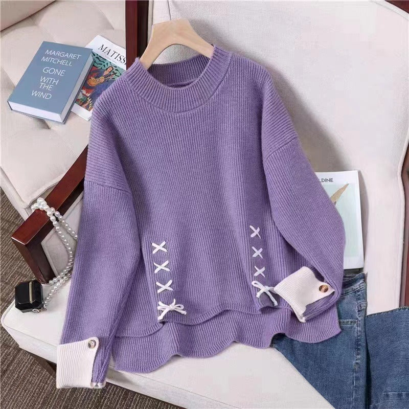 Pull en tricot décontracté pour femmes avec des détails décoratifs de nœuds et de boutons Chic und Stil
