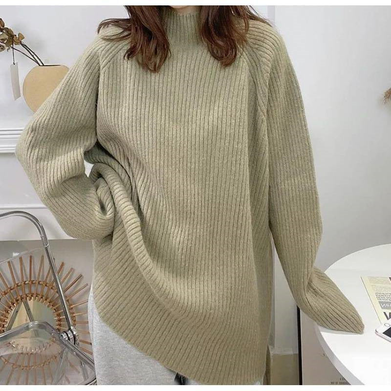 Pull femme décontracté en tricot épais avec col montant et ourlet asymétrique Chic und Stil