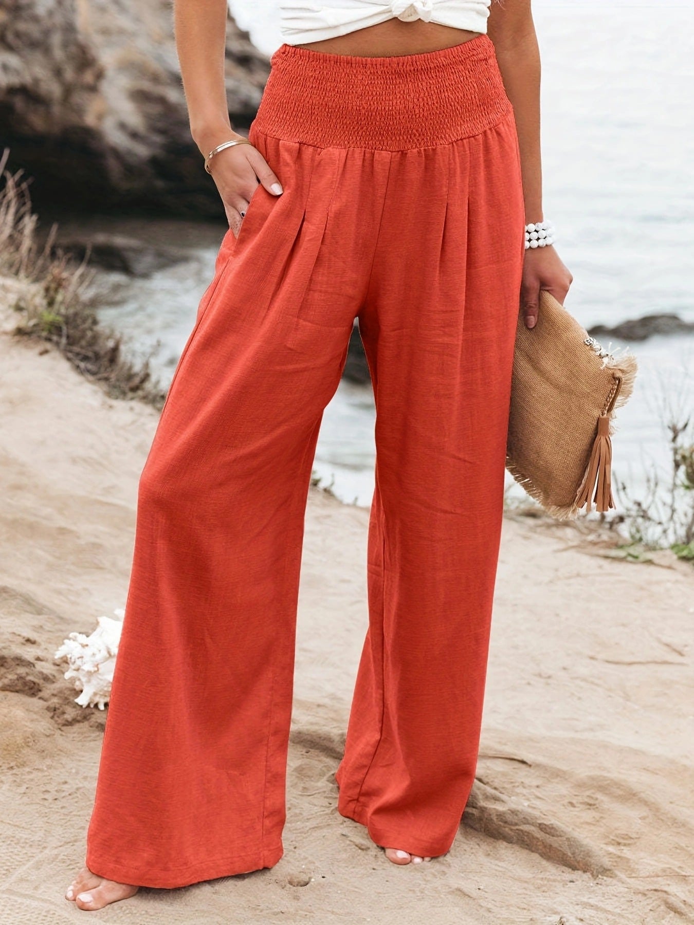 Pantalon d'été ample pour femmes avec taille élastique et élégant drapé Chic und Stil
