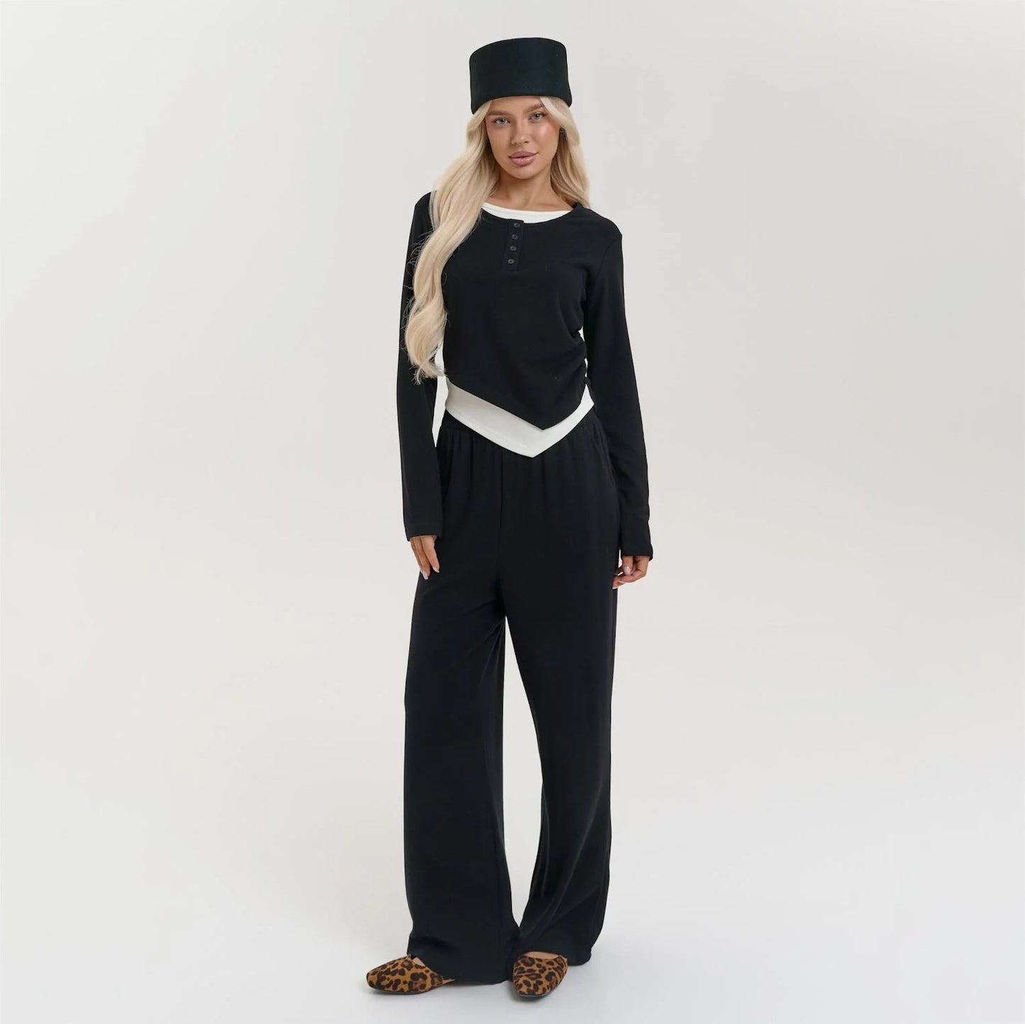 Dames Ensemble Élégant à Manches Longues avec Pantalons Amples Confortables Chic und Stil