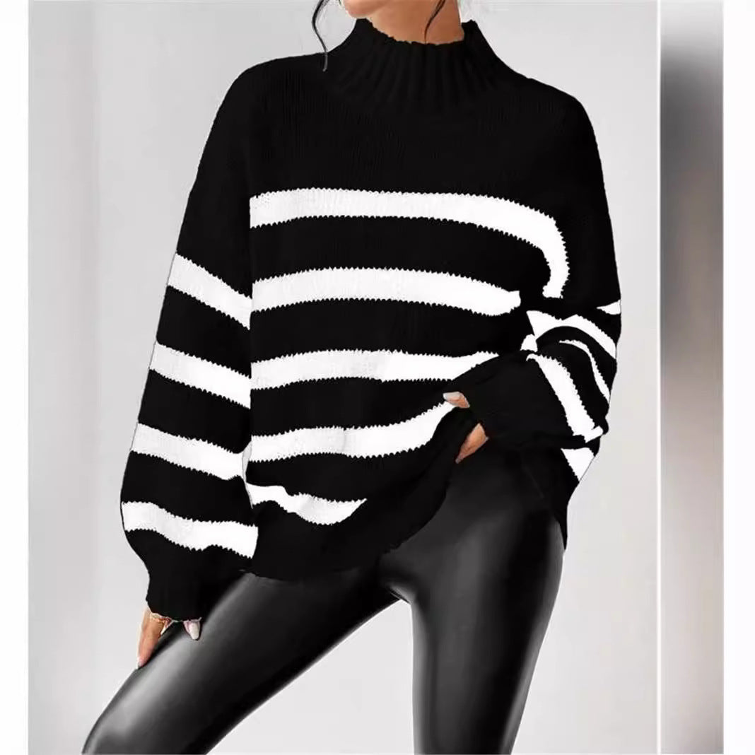 Dames gros tricot pull avec des rayures à la mode et un grand col Chic und Stil