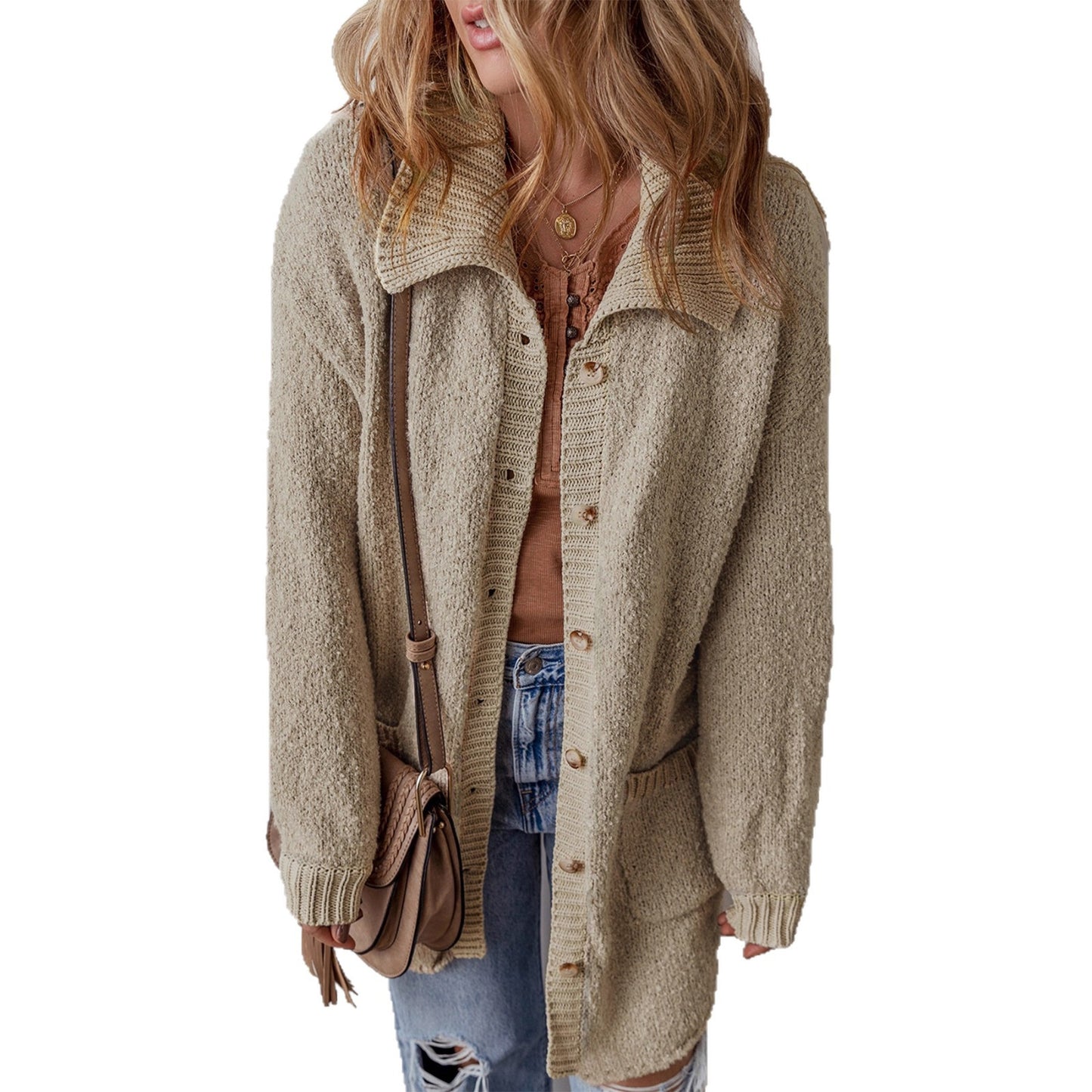 Dames gros pull-over avec poches pratiques et col contrasté Chic und Stil