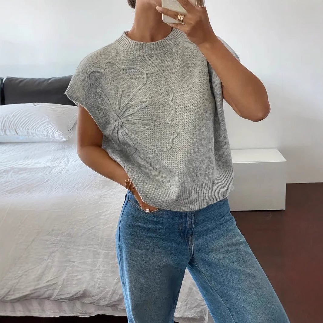 Pull femme à manches courtes avec motif floral en relief et coupe décontractée Chic und Stil