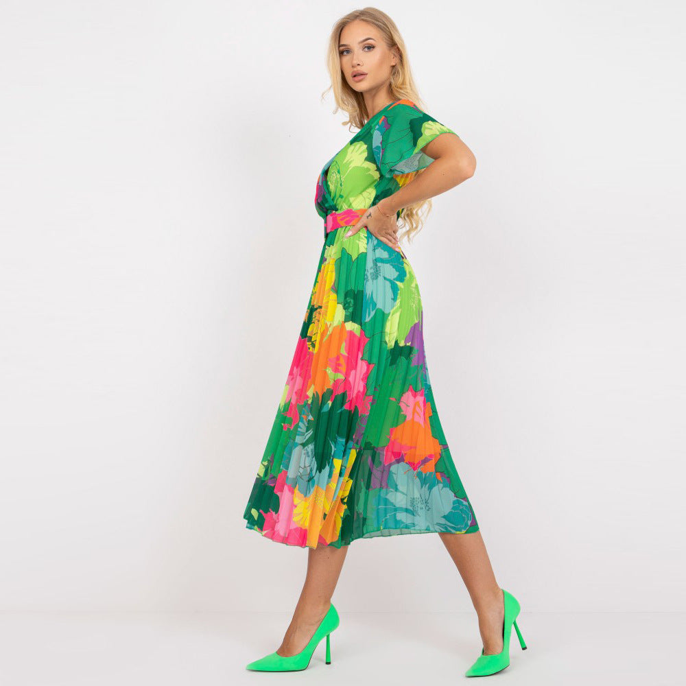 Robe midi portefeuille plissée pour femmes avec motif floral coloré Chic und Stil