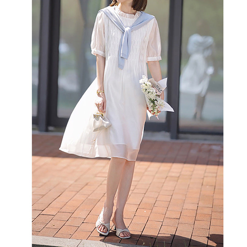 Robe midi plissée pour femmes avec manches courtes bouffantes Chic und Stil